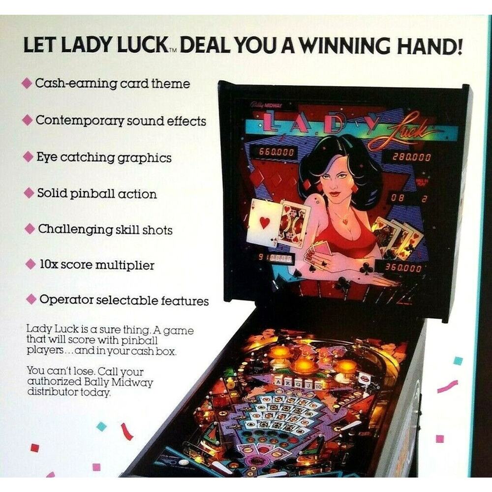 Lady Luck Pinball Flyer 1986 Original Game Art Print Promo Card Theme Vintage